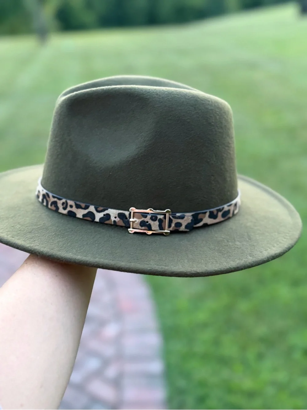 Olive Felt Fedora Hat with Leopard Accent Band
